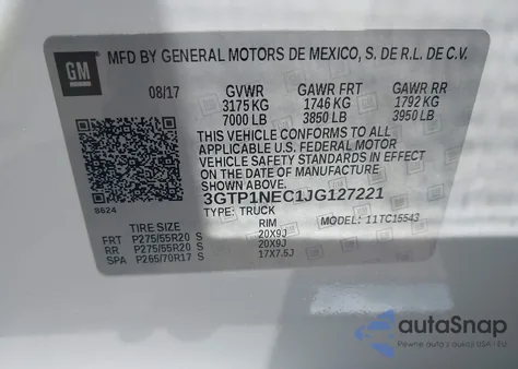 2018 GMC Sierra 1500 Slt z USA, uszkodzony, nr VIN 3GTP1NEC1JG127221